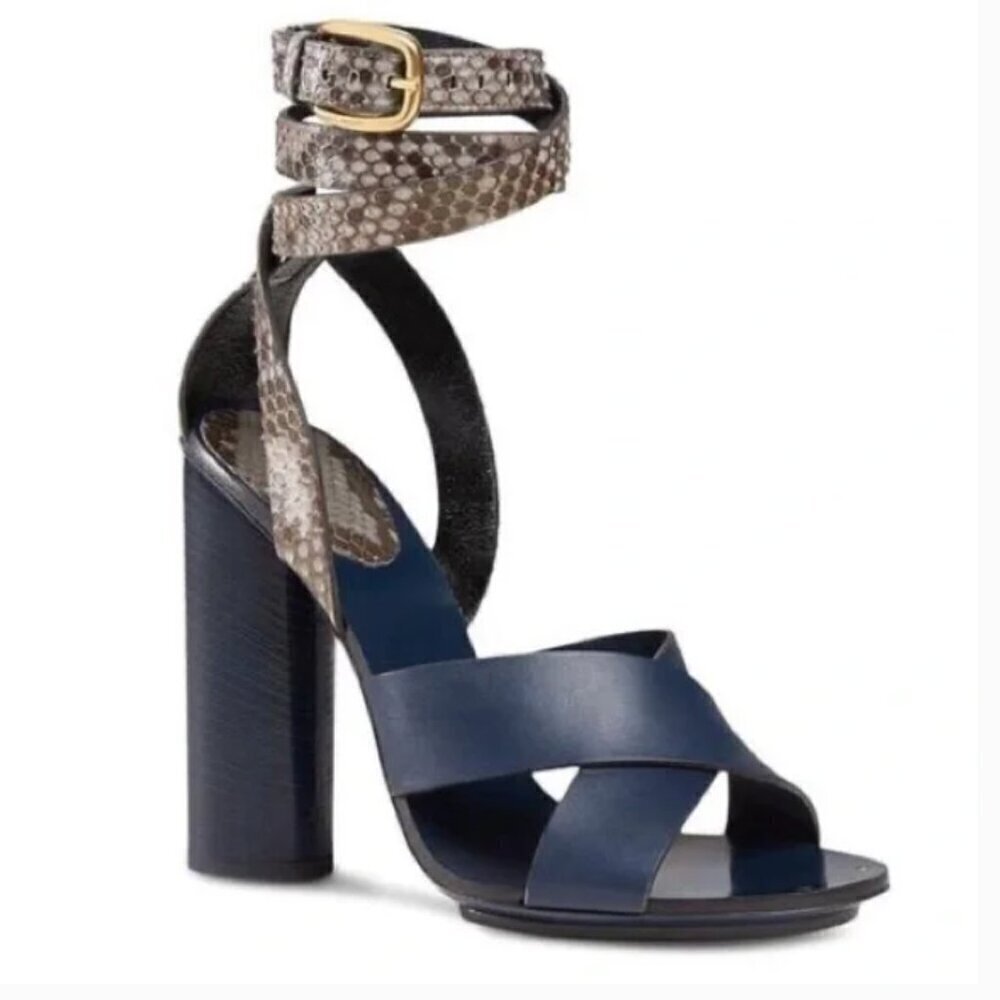 GUCCI BLUE CANDY STACKED PYTHON STACKED HEEL SANDALS SIZE 36